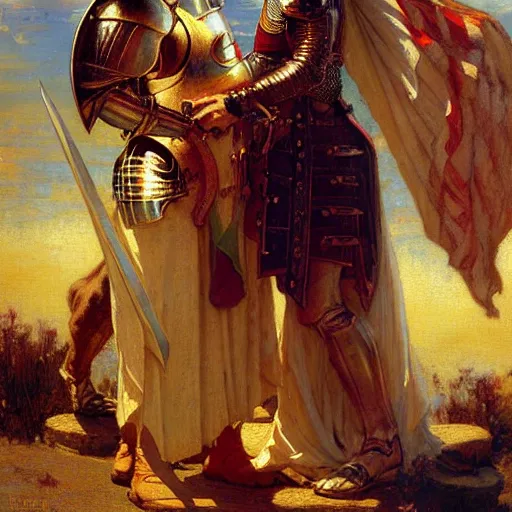 Image similar to attractive fully clothed arthur pendragon confesses his love for his attractive fully clothed male knight. highly detailed painting by gaston bussiere and j. c. leyendecker 8 k