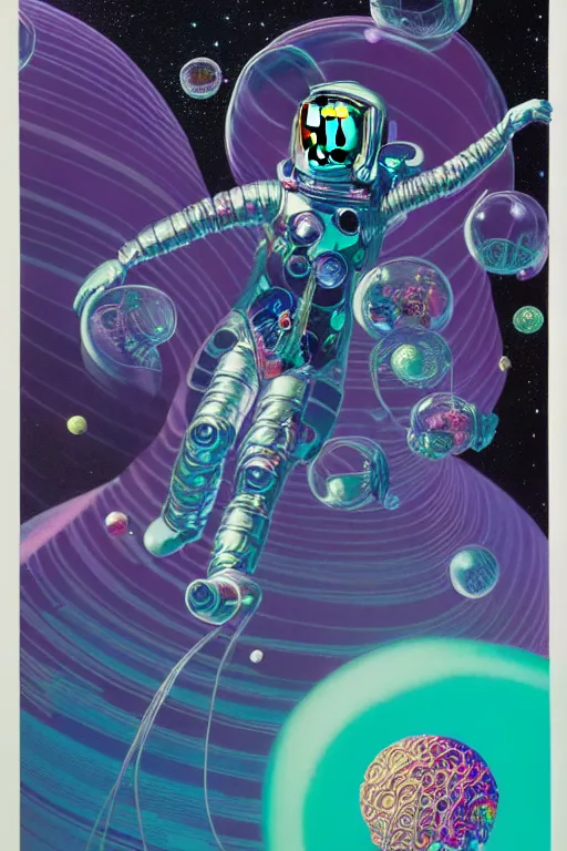 Image similar to render of crenelated chrome space - suits protect the jovial jellyfish princess from certain doom as the planet they orbit sends elastic aerochrome nets attack them, tristan eaton, victo ngai, maxfield parrish, artgerm, koons, ryden, intricated details, 3 / 4 view, space scene illustration on black paper