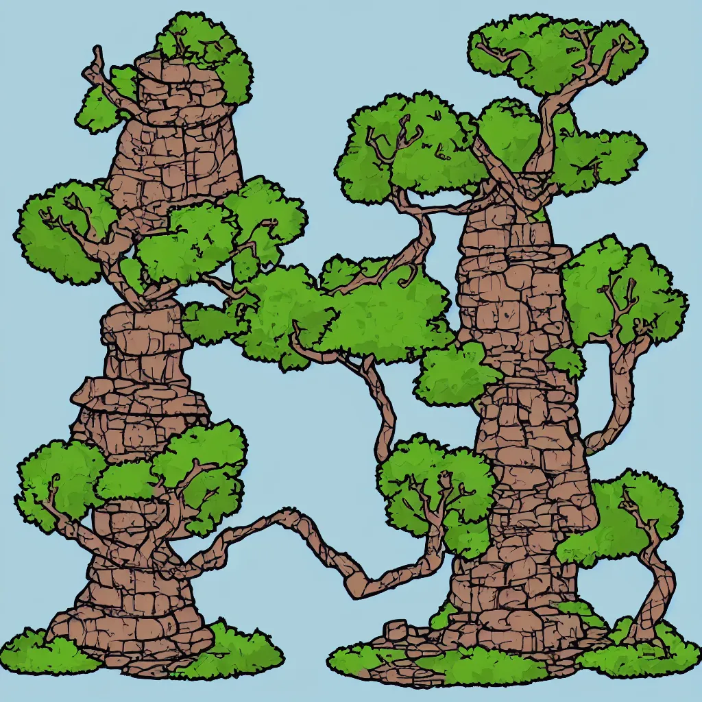 Prompt: ground, tree, rock and wizard tower, on a lineart tileset