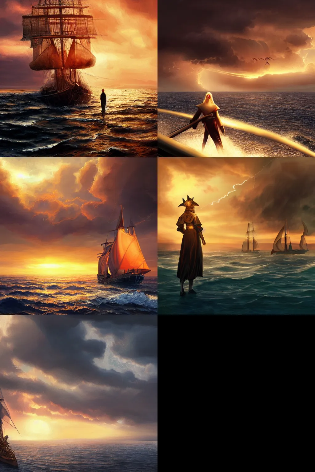 Image similar to portrait of a ship on the sea with a medieval woman ship pilot from behind, dramatic golden sunset with storm clouds, wearing shiny breastplate, dynamic lighting, hyperrealistic, artstation