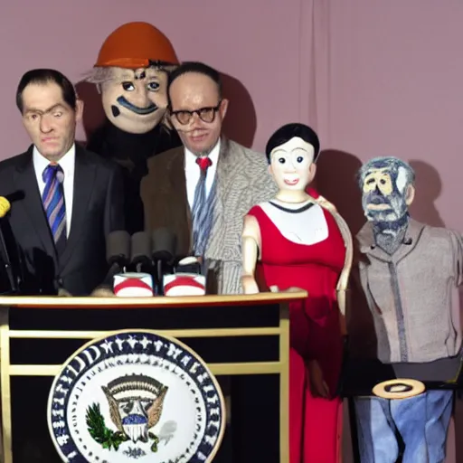 Image similar to president marionette with puppeteer in a podium giving a press conference