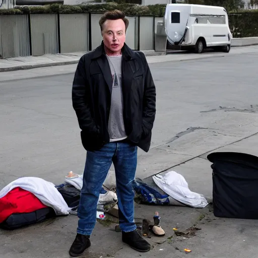 Image similar to elon musk as a homeless man, 4 k