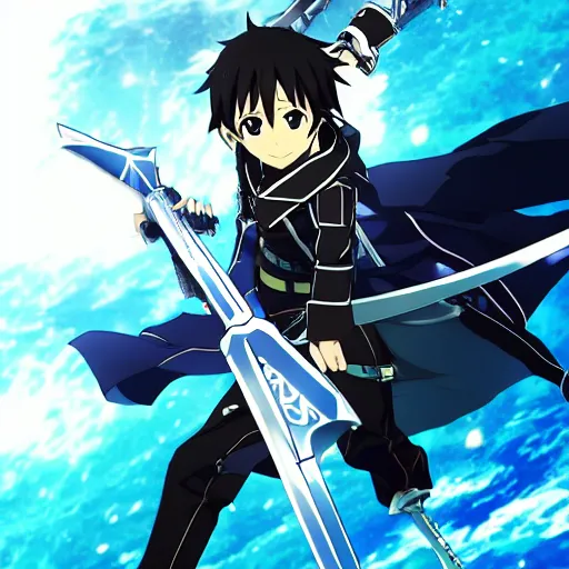 Prompt: Key anime visual of Kirito from Sword Art Online; official media