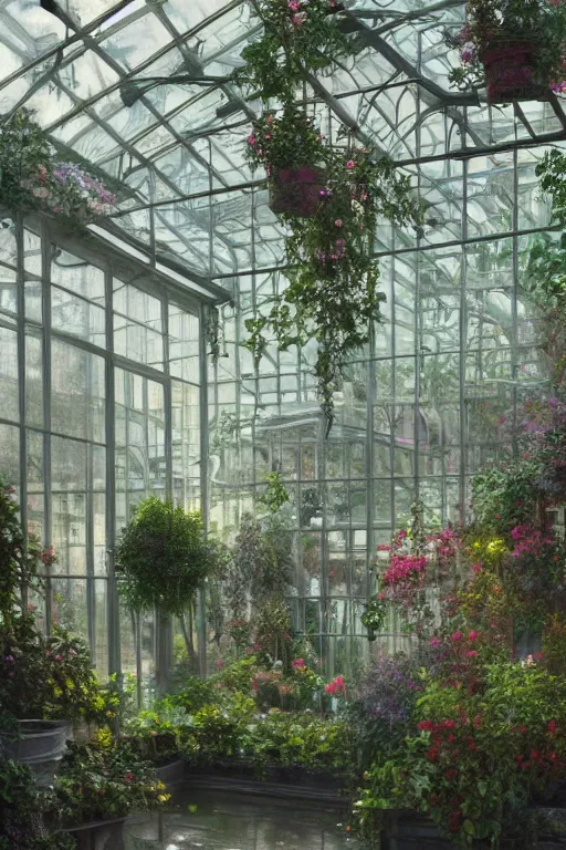 Prompt: a beautiful painting of a greenhouse, rainy, gloomy and depressed, dark, shimmering and prismatic, lumion render, rococo, by krenz cushart and mucha and monet, trending on artstation.