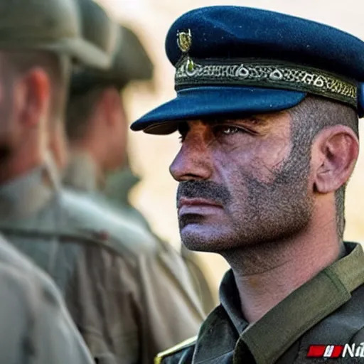 Image similar to kurdish military general in a movie directed by christopher nolan, movie still frame, promotional image, imax 7 0 mm footage, strong and imposing