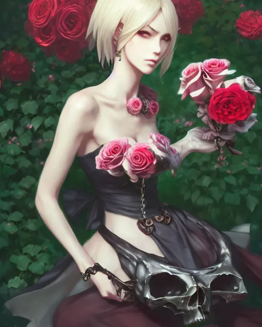 Image similar to an elegant lady surrounded by skulls in a garden full of roses, final fantasy, cushart krenz, cushart krenz, very detailed, realistic face, detailed face, matte, tonemapping, perfection, 4 k,
