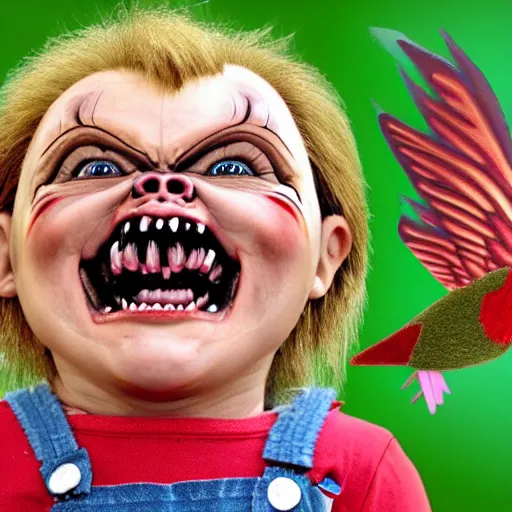 Image similar to screaming chucky doll with hummingbird wings