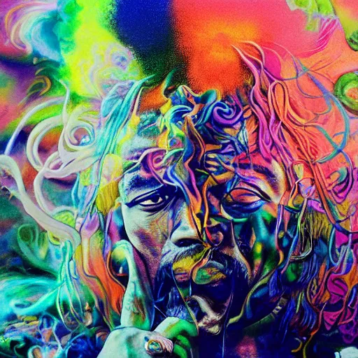 Prompt: colour masterpiece surreal closeup portrait photography jimi hendrix by miho hirano and annie leibovitz and michael cheval, psychedelic smoke background, 8 k