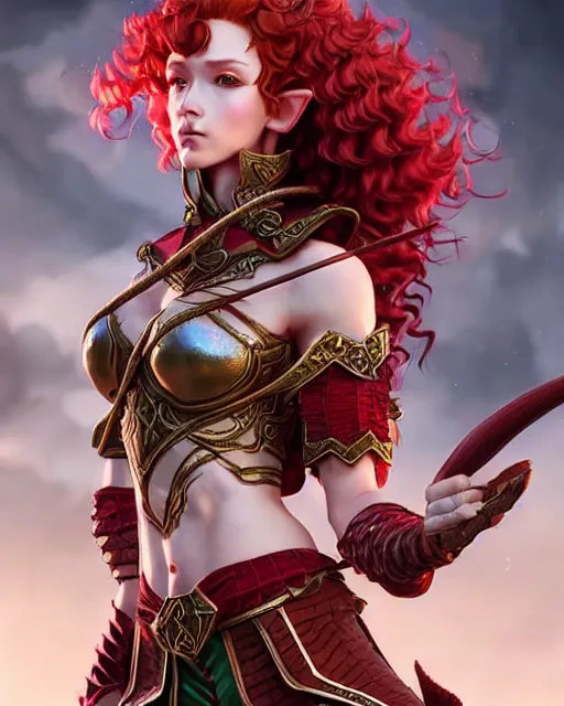 Prompt: ranger, intricate fantasy outfit!!! beautiful and athletic red curly hair female elf!! gorgeous face and eyes!! character concept art, sharp focus, octane render! unreal engine 5! highly rendered!! trending on artstation!! detailed linework!! illustration by artgerm, wlop, and chie yoshii