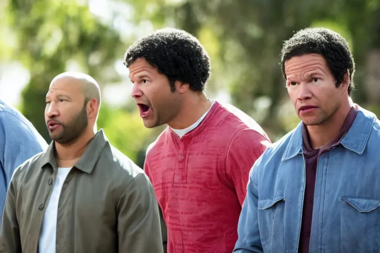 Prompt: key and peele as mark wahlberg and matt daemon, all faces are distorted contorted, shock, repulsion, disgust, frustration, annoyance, laughter, smirk, snicker, cinematic still, movie still, long lens, shallow depth of field, bokeh, anamorphic lens flare, 8 k