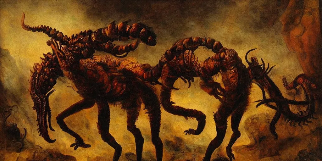 Prompt: giant scorpion centaur, huge claws, demonic face, a thousand eyes. Oil painting by rembrandt.