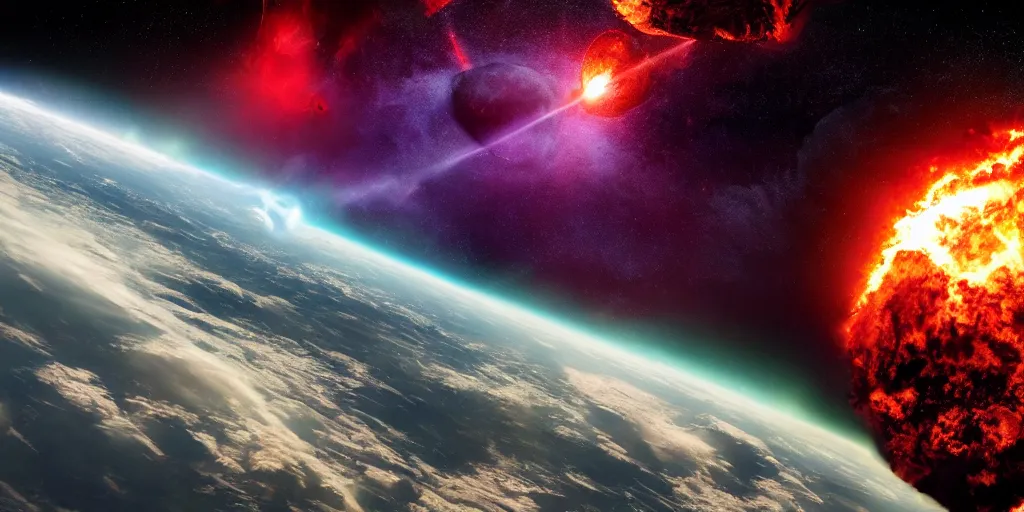 Prompt: orbital earth bombardment seen from space, galactic conquest, hell, fire, inferno, explosion, atomic bomb, dreamcore, realistic, doom, catastrophe, insanity, cinematic, end of humanity, 8 k, hdr, very detailed