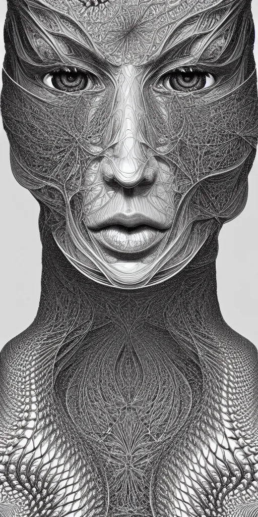 Prompt: hyper detailed ultra sharp of a beautiful fractal face. trending on artstation, golden, delicate, facing camera, hyper realism, 1 4 5 0, engraving, ultra realistic, 8 k