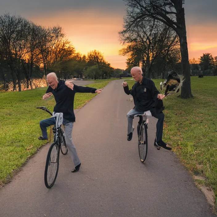 Image similar to joe biden!! falling off bike while stopping on a bike path, it is sunset and there are hundreds of ducks in the backgroud, canon eos c 3 0 0, ƒ 1. 8, 3 5 mm, 8 k, medium - format print