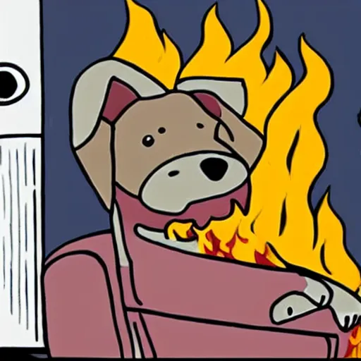 Prompt: anthropomorphic dog trying to assure himself that everything is fine, despite sitting in a room that is engulfed in flames.