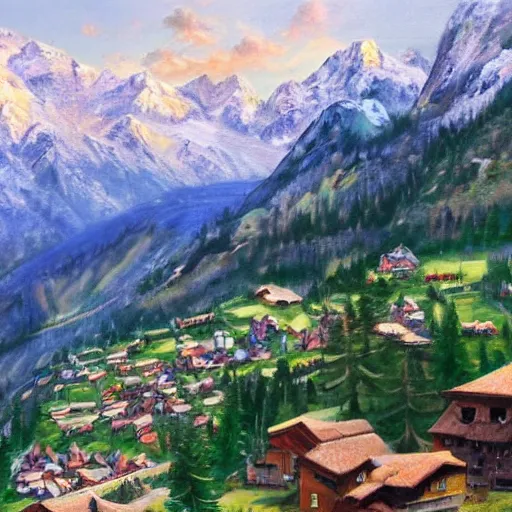 Prompt: beautiful picture of an alpine village against the backdrop of mountains, oil painting