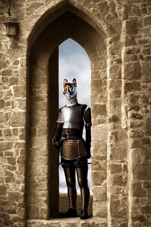 Prompt: 5 0 mm f 8 full body portrait photography of a brave proud humanoid lynx sherriff, setting is medieval france outside of a futuristic castle, by erwin olaf