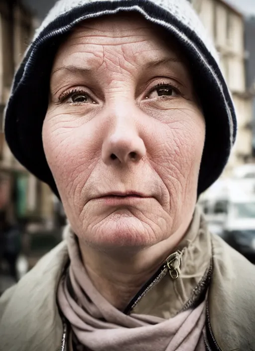 Prompt: Mid-shot portrait of a 50-year-old woman from Norway with short hair, candid street portrait in the style of Martin Schoeller award winning, Sony a7R