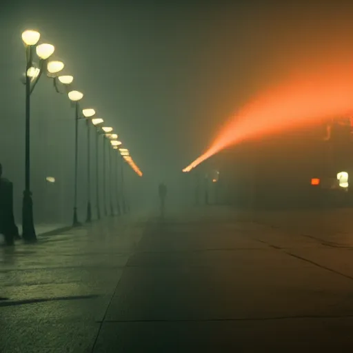 Image similar to empty street Bladerunner 2049 still snowing winter cool lighting soft dark shadows snow melancholic hazy atmospheric lighting volumetric beautiful Roger Deakins Cinematography Jeremy Saulnier