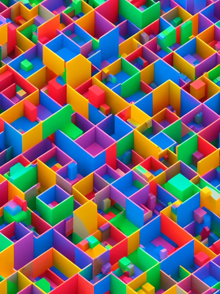 Prompt: isometric view of a bunch of colorful building blocks with a swirling magical cloud, octane render, macro