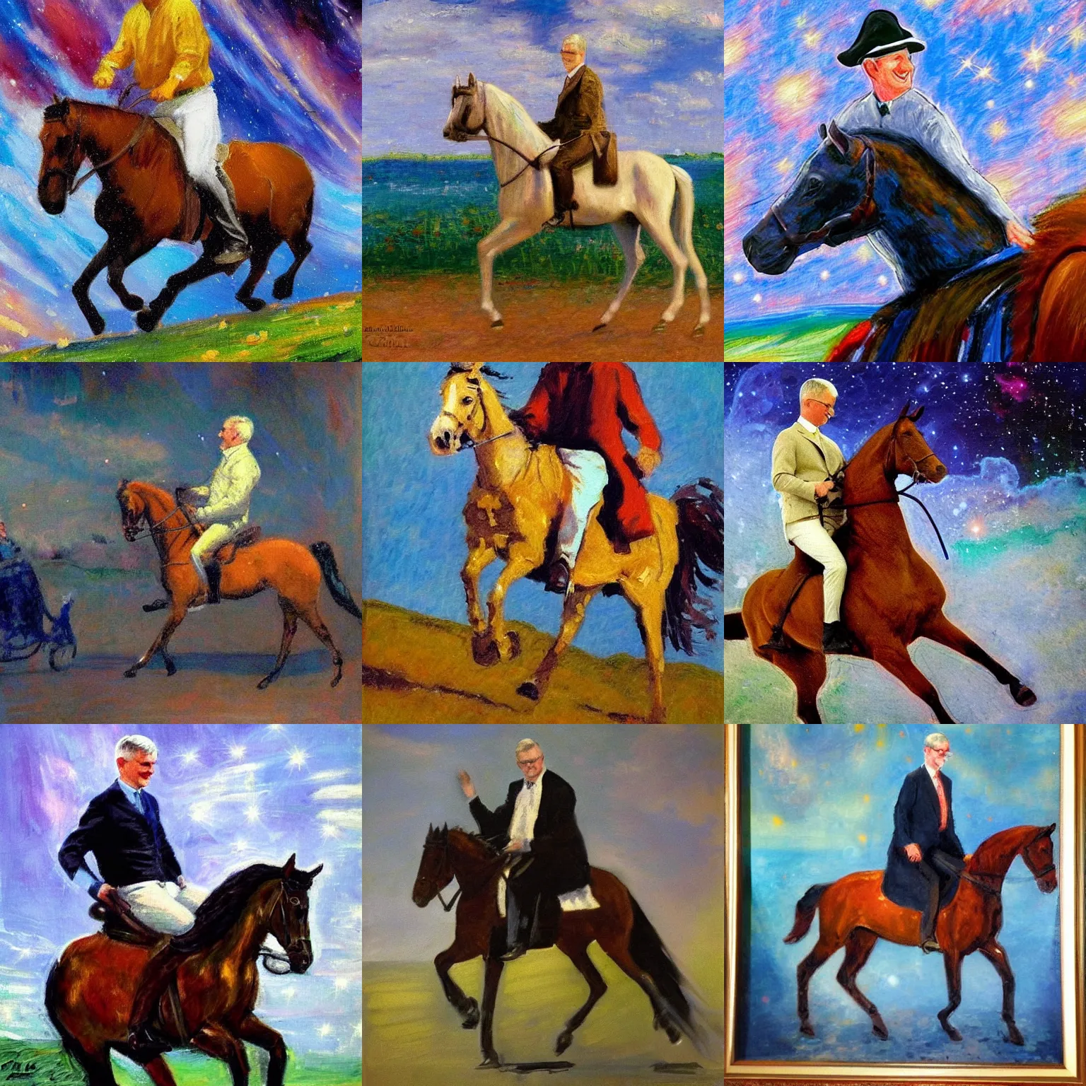 Prompt: An impressionist painting of Carl Bildt riding a horse in space