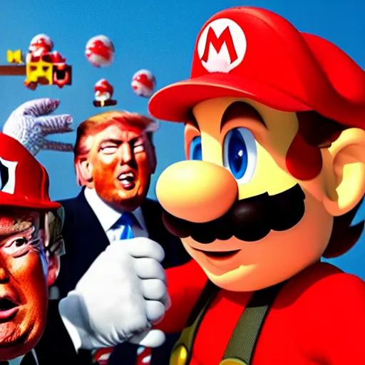 Image similar to uhd candid photo of hyperdetailed donald trump dressed as mario. correct face, cinematic lighting, photo by annie leibowitz, and steve mccurry.