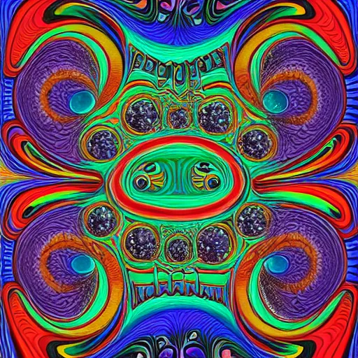 Prompt: cookie monster becomes a fractal, painted by alex grey. psychedelic visionary art, cosmic, black background, highly detailed, sharp focus