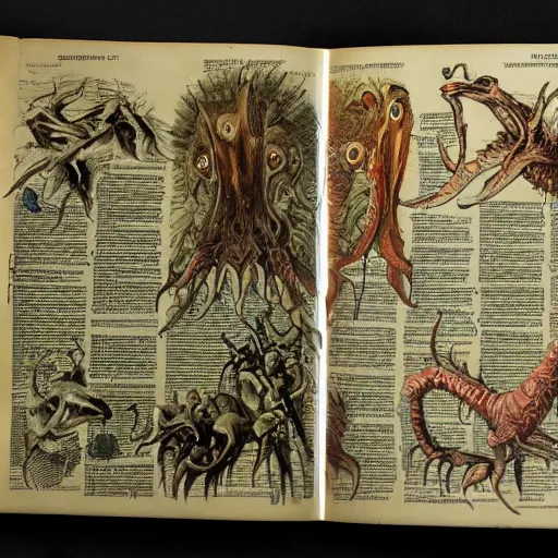 Image similar to bestiary of creatures from the depths of the unconscious psyche