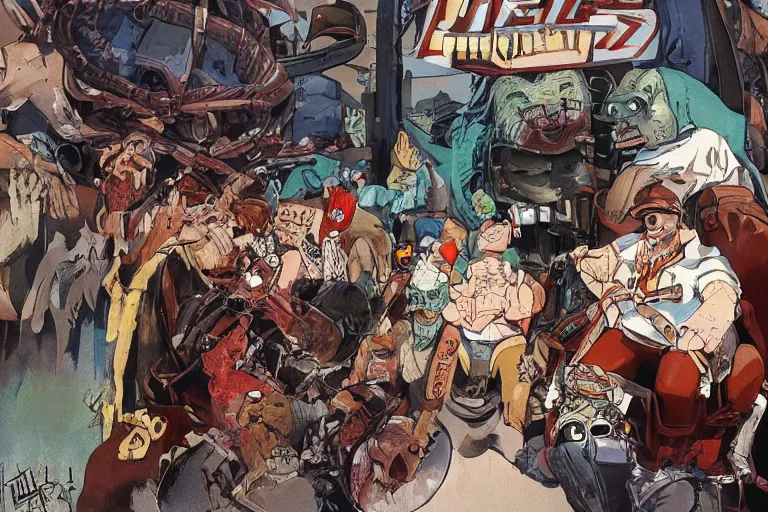 Image similar to pizza the hut, akira's motorcycle, gorillaz, poster, high quality