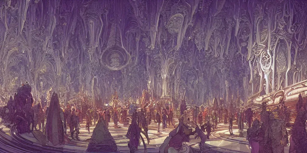 Image similar to matte illustration, cinematic shot of the interior of a scifi space station with ornate elven architecture bustling with people by jean giraud moebius, crystalline, emerald, highly detailed matte illustration by moebius, clean lines, sharp focus, intricate, elegant