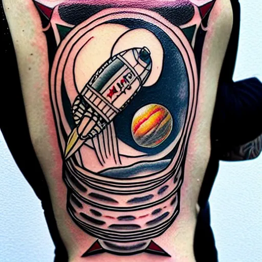 Prompt: old school, traditional style tattoo sketch of beautiful redhead girl, full body portrait in space riding a rocket, in front of jupiter planet with its moons drawn by sailor jerry, vic james, electric martina, heath clifford, kimi vera