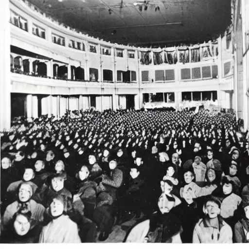 Prompt: Photo of crowd at 1944 opera shows one person is wearing a horse mask