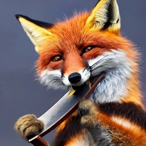 Image similar to a fox holding a sword in its mouth