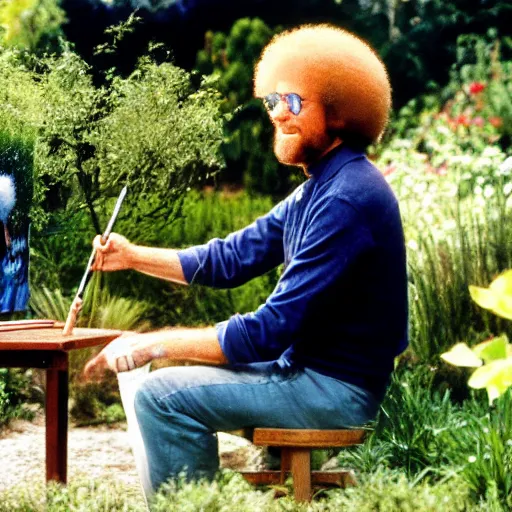 Prompt: Bob Ross painting a blond woman with glasses in a garden