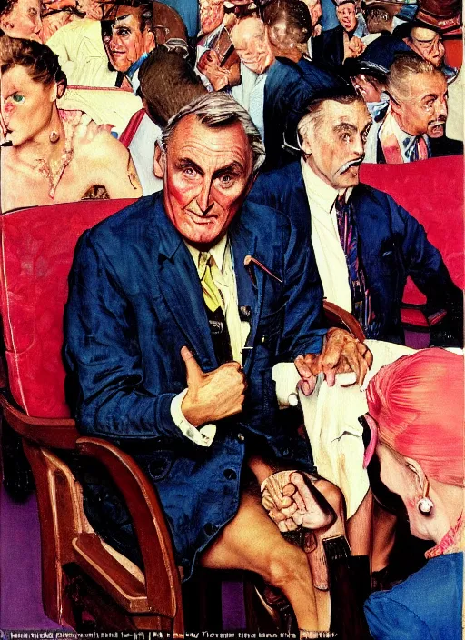 Prompt: dennis hopper berated by an air hostess in a hotel lobby, painted by norman rockwell and tom lovell and frank schoonover, pink and blue