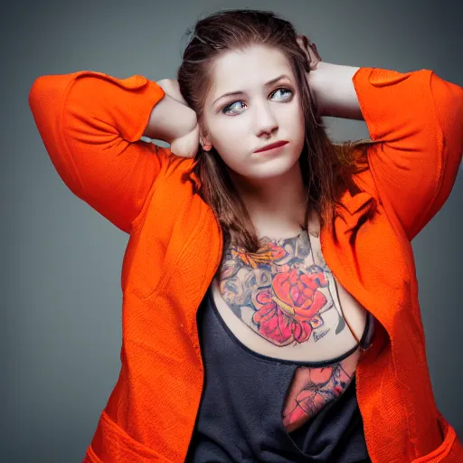 Image similar to portrait of a woman with flower tatoos, brown hair tied, red jacket and orange background, studio lighting