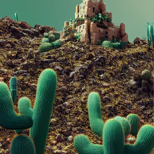 Prompt: “cactus castle made of San Pedro in a cactus forest, hyperrealism, detailed, 8k, octane render”