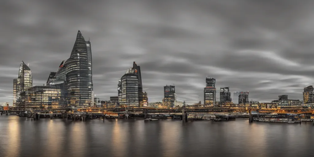 Image similar to high quality night photograph of Docklands in London, dimly lit cirrus clouds, long exposure, architecture photography, ultrawide image