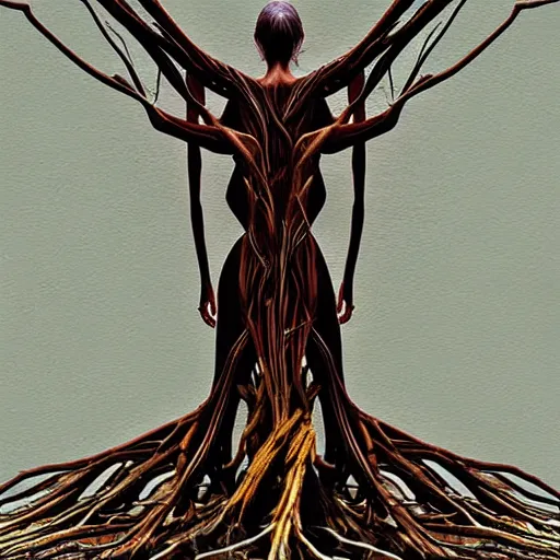 Prompt: digital art, Abstract art, humain female body made of roots, intricate roots, trending on artstation,