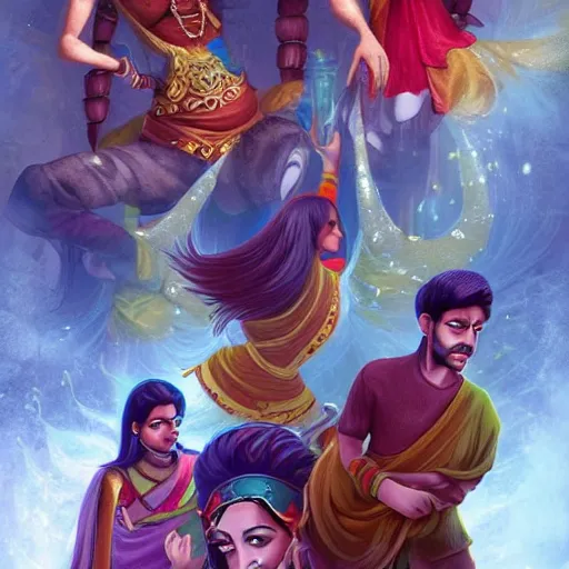 Image similar to an indian female and three indian male characters summoned from inside a book like genies, trending on artstation, detailed digital art