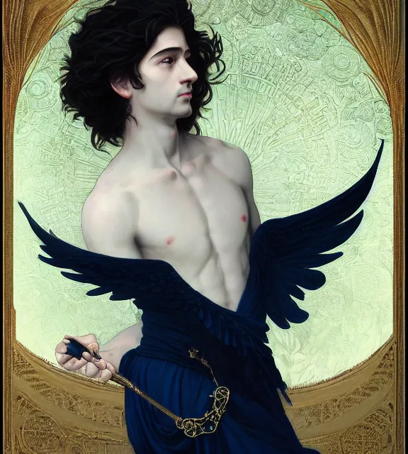 Image similar to portrait of a god of death, young male, in the underworld, elegant dark blue dress, very detailed, throne, very intricate details, jewelry, gold eyes, elaborate long black hairstyle, wings, cinematic, artstation, william bouguereau, alphonse mucha, greg rutkowski, rossdraws, octane render