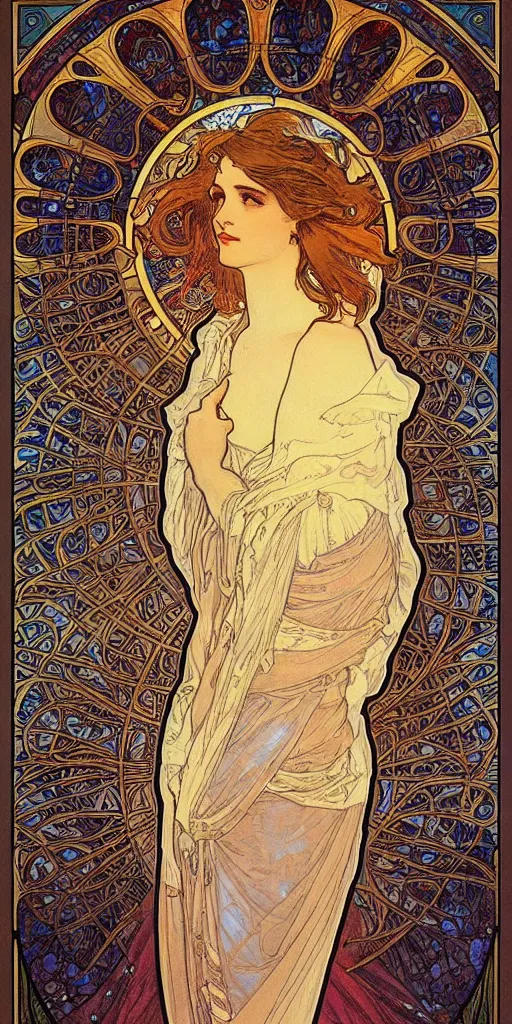 Prompt: the longest night, art by alphonse mucha, intricate stained glass
