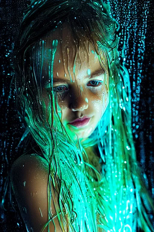 Image similar to portrait of a girl in the glowing neon rain with wet hair and face, fantasy, intricate, elegant, dramatic lighting, emotionally evoking symbolic metaphor, highly detailed, lifelike, photorealistic, digital painting, artstation, concept art, smooth, sharp focus, illustration, art by John Collier and Albert Aublet and Krenz Cushart and Artem Demura and Alphonse Mucha