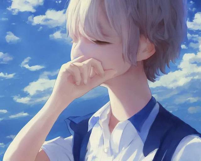 Image similar to teen looking at blue sky, wearing white shirt, back turned, looking up, illustration, by pine ( ハイネ ) and 薯 子 imoko and 香 川 悠 作 and wlop and maya takamura, highly detailed, trending artstation, pixiv, digital art