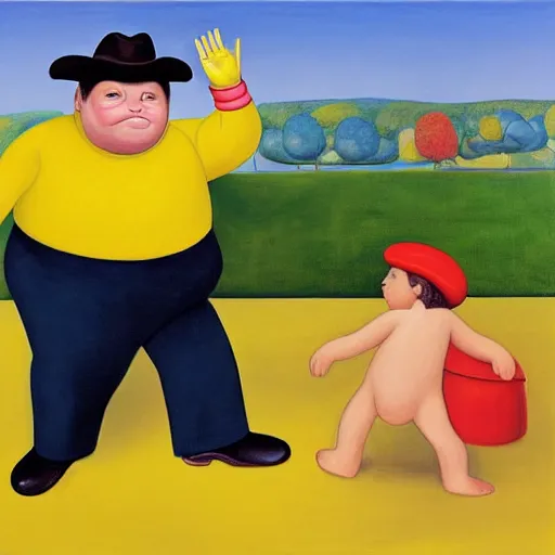 Image similar to a painting of curious george and the man in the yellow hat, fernando botero