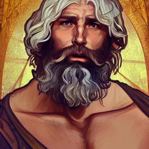 Image similar to painted portrait of rugged zeus, greek god, 4 0 years old, handsome, white hair, soft hair, upper body, muscular, hairy torso, fantasy, intricate, elegant, highly detailed, digital painting, artstation, concept art, smooth, sharp focus, illustration, art by alphonse mucha