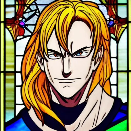 Prompt: epic stained glass artistic portrait of Escanor of 7 deadly sins, saying ‘Who decided that?’, futuristic church, extremely detailed, trending on Artstation