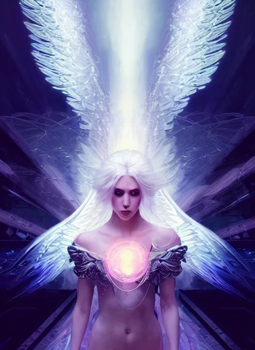 Prompt: a beautiful white haired princess with angel wings, intricate concept art, ethereal, ominous, mysterious, enchanted, cosmic, dramatic lighting, illuminated lines, outrun, vaporware, illuminated runes, cyberpunk darksynth, dark background, 8 k, by ruan jia and krenz cushart and alphonse mucha