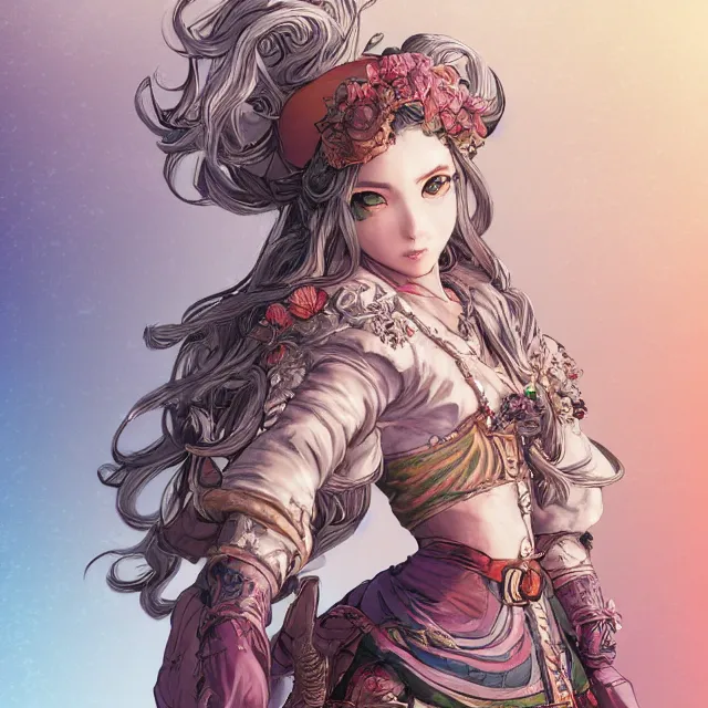 Prompt: the portrait of a neutral rainbow colorful female cleric bard as absurdly beautiful, gorgeous, elegant, skinny gravure idol, an ultrafine hyperdetailed illustration by kim jung gi, intricate linework, detailed faces, sharp focus, bright colors, octopath traveler, final fantasy, unreal engine 5 highly rendered, global illumination, radiant light, detailed and intricate environment