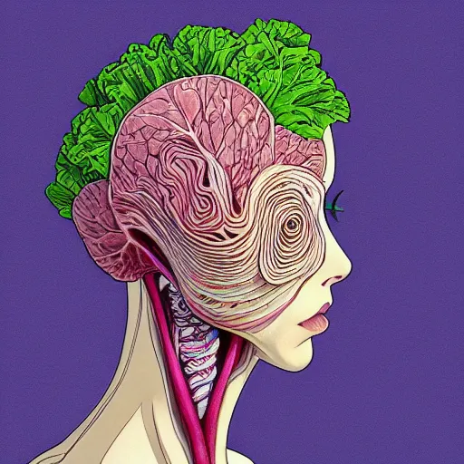 Prompt: the anatomy of a head of lettuce that looks like a pretty and handsome girl, an ultrafine detailed painting by james jean, intricate linework, bright colors, studio ghibli, behance contest winner, vanitas, angular, altermodern, unreal engine